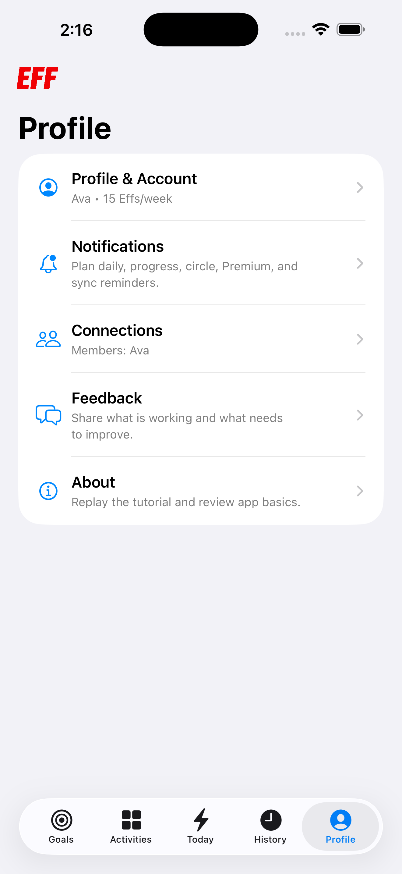 Eff Profile screen with settings, notifications, and Connections