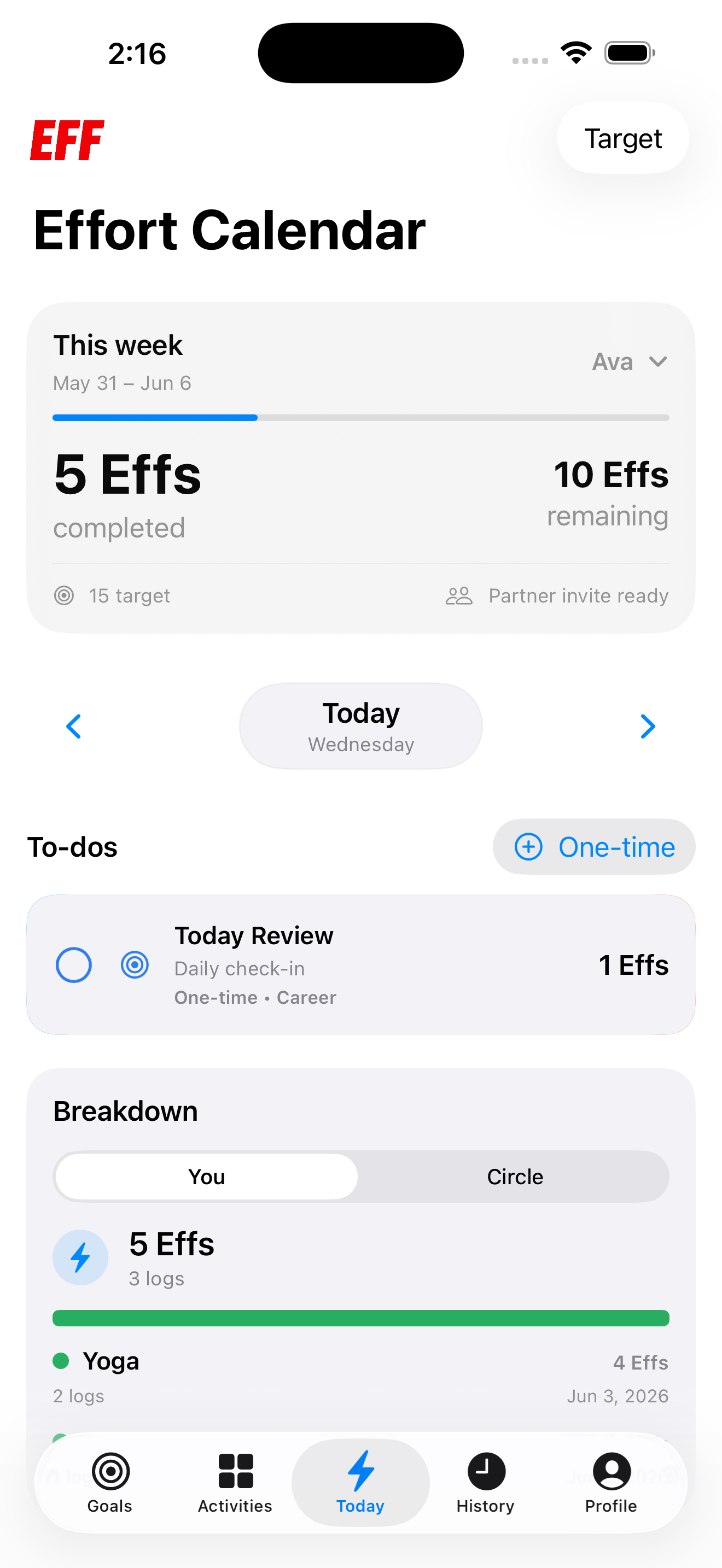 Eff Today screen showing weekly progress and planned work